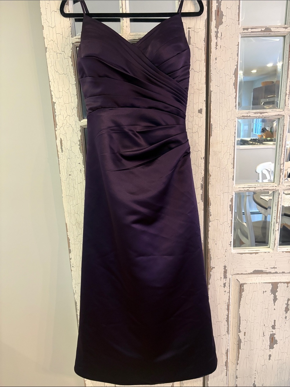 Bill Levkoff Deep Plum Satin Midi Dress with Ruched Wrap Bodice
